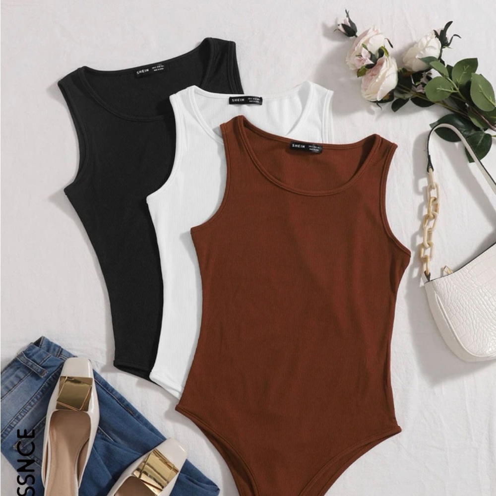 3pcs Solid Ribbed Knit Bodysuit